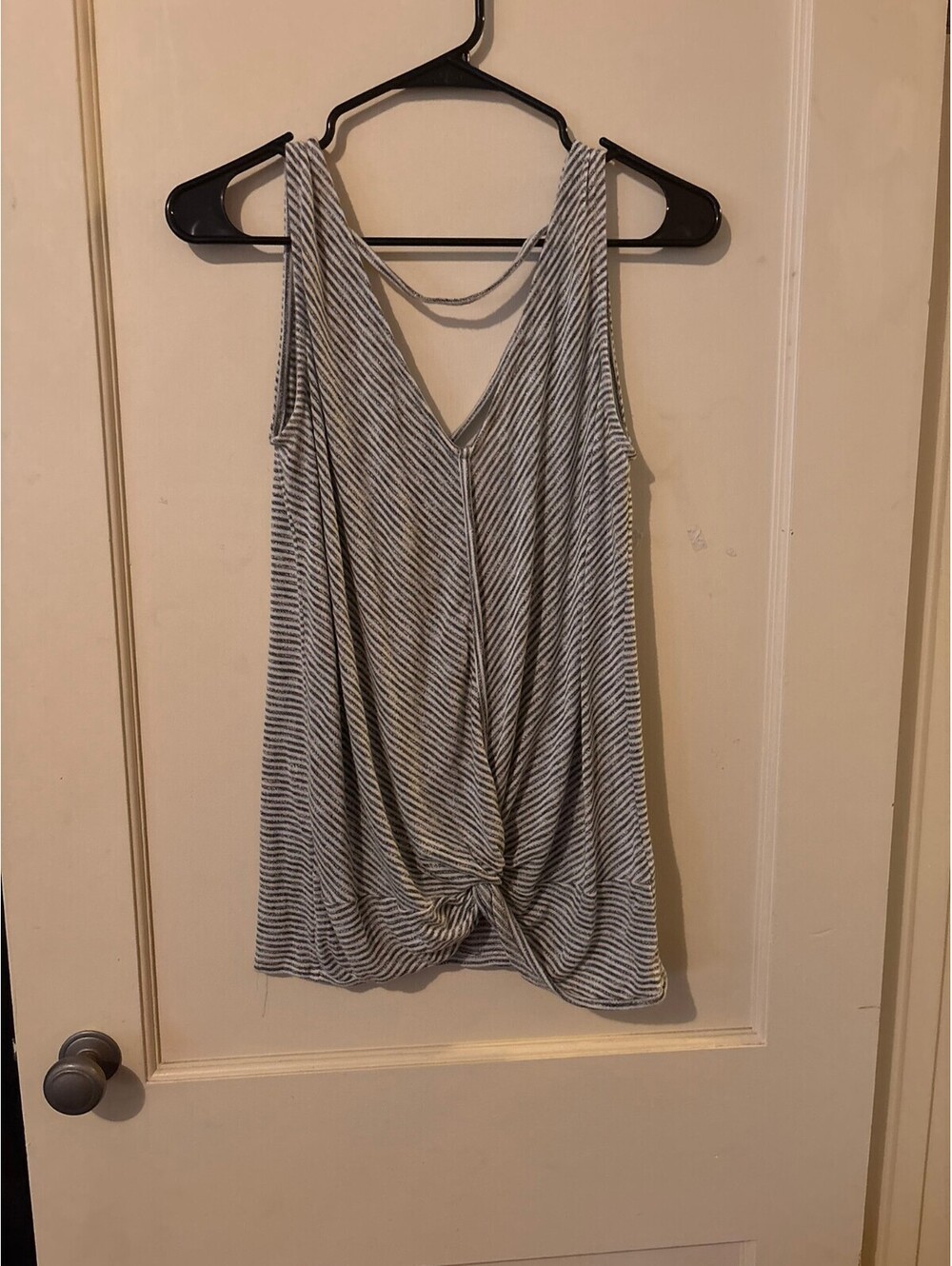 Daytrip Medium Gray and White Striped Twisted Front Tank Top